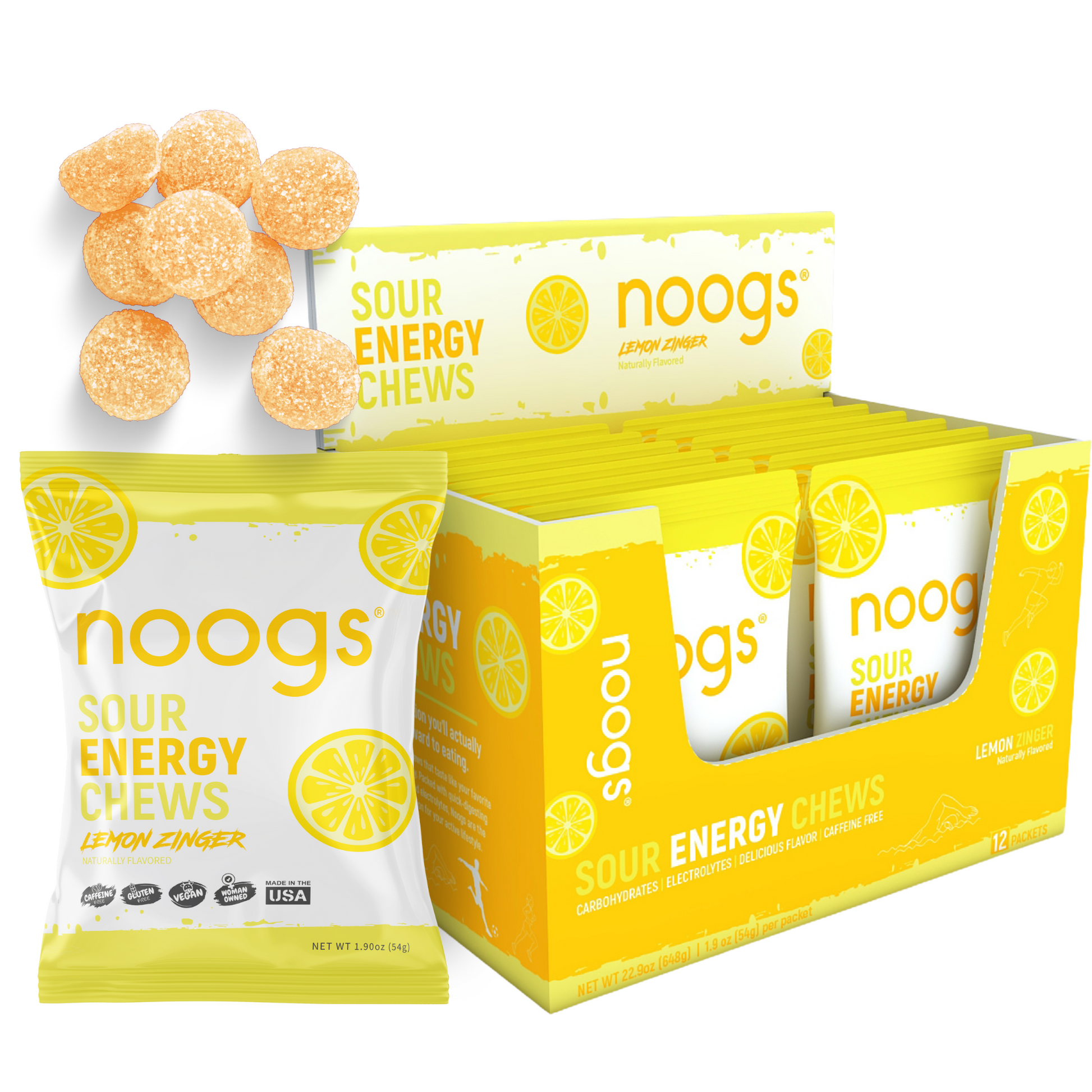 Box display of Noogs Sour Energy Chews in Lemon Zinger flavor with open packets and individual yellow chews visible.