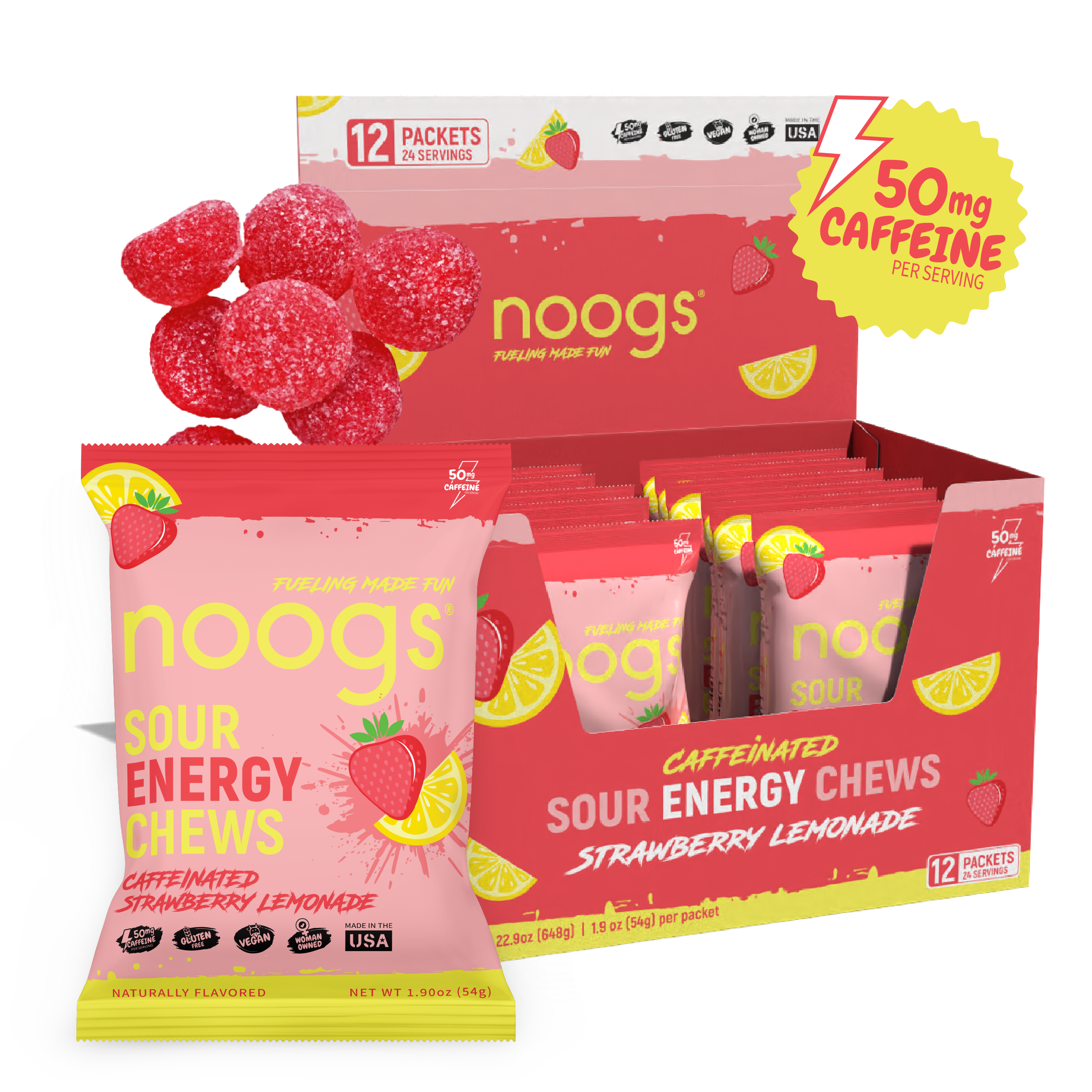 Caffeinated Strawberry Lemonade Sour Energy Chews – Noogs
