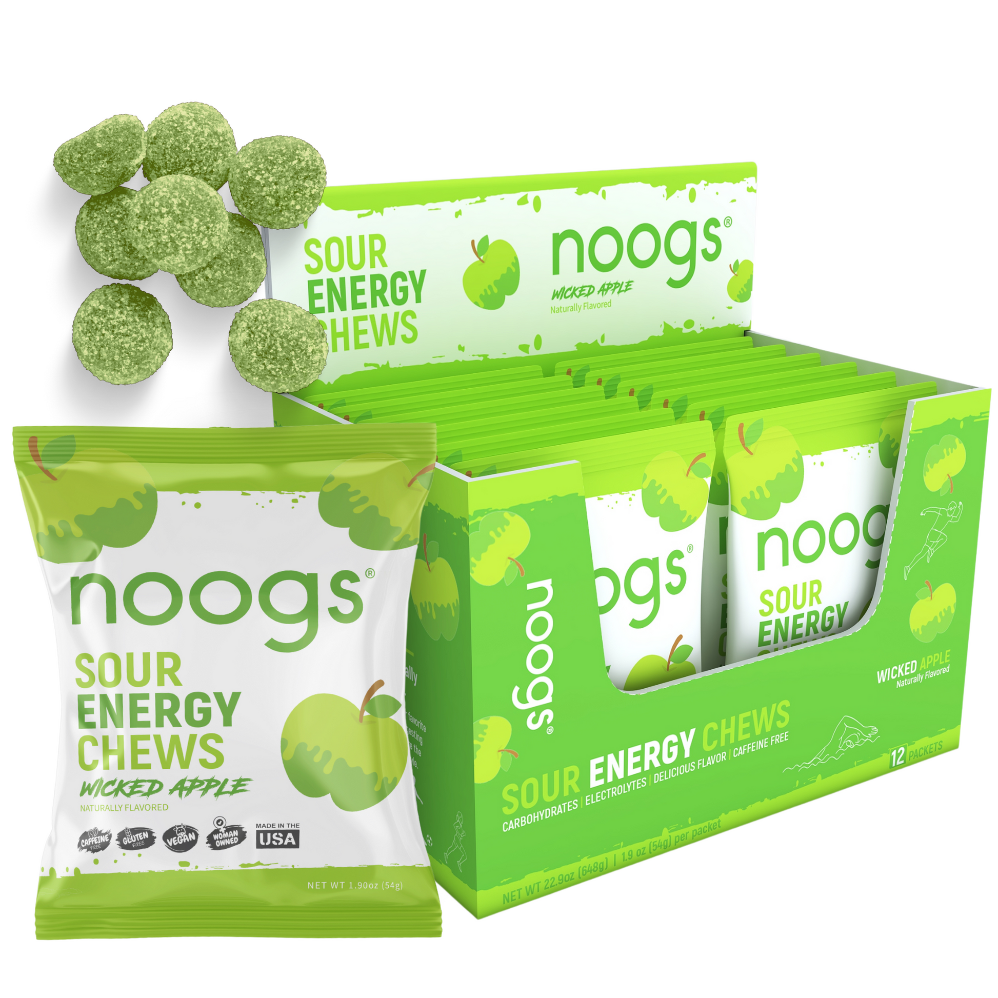 Box display of Noogs Sour Energy Chews in Wicked Apple flavor with open packets and green sour chews shown.