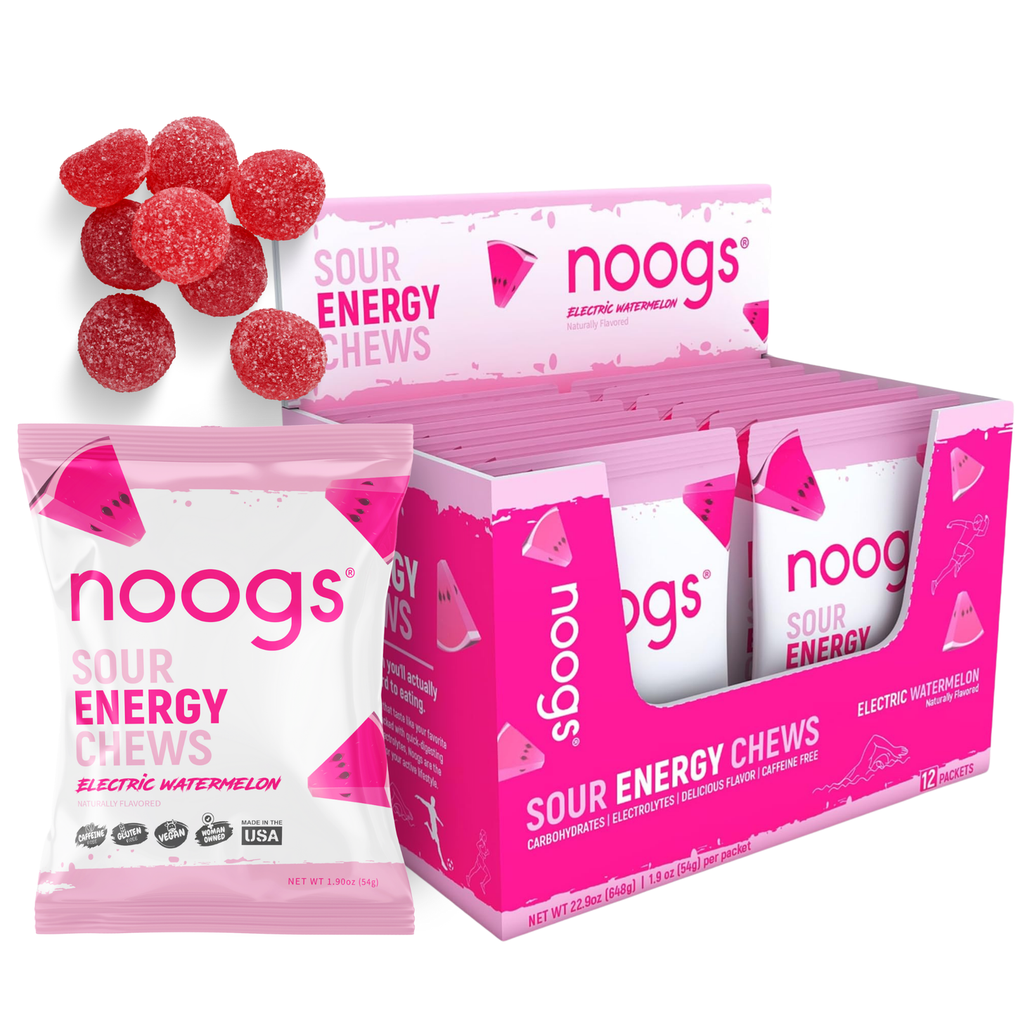 Box display of Noogs Sour Energy Chews in Electric Watermelon flavor with open packets and individual chews visible.