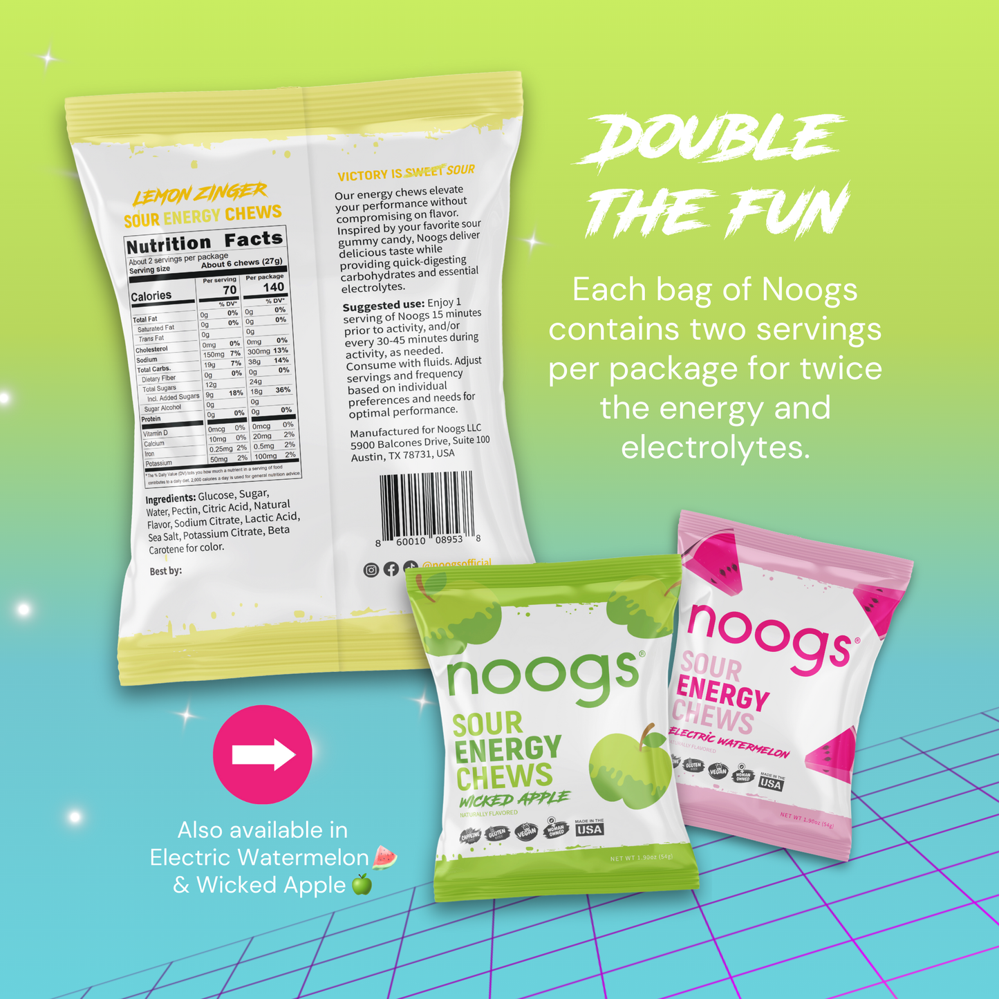 Back of Noogs Lemon Zinger Sour Energy Chews package with nutrition facts and product highlights, shown alongside Electric Watermelon and Wicked Apple flavors.