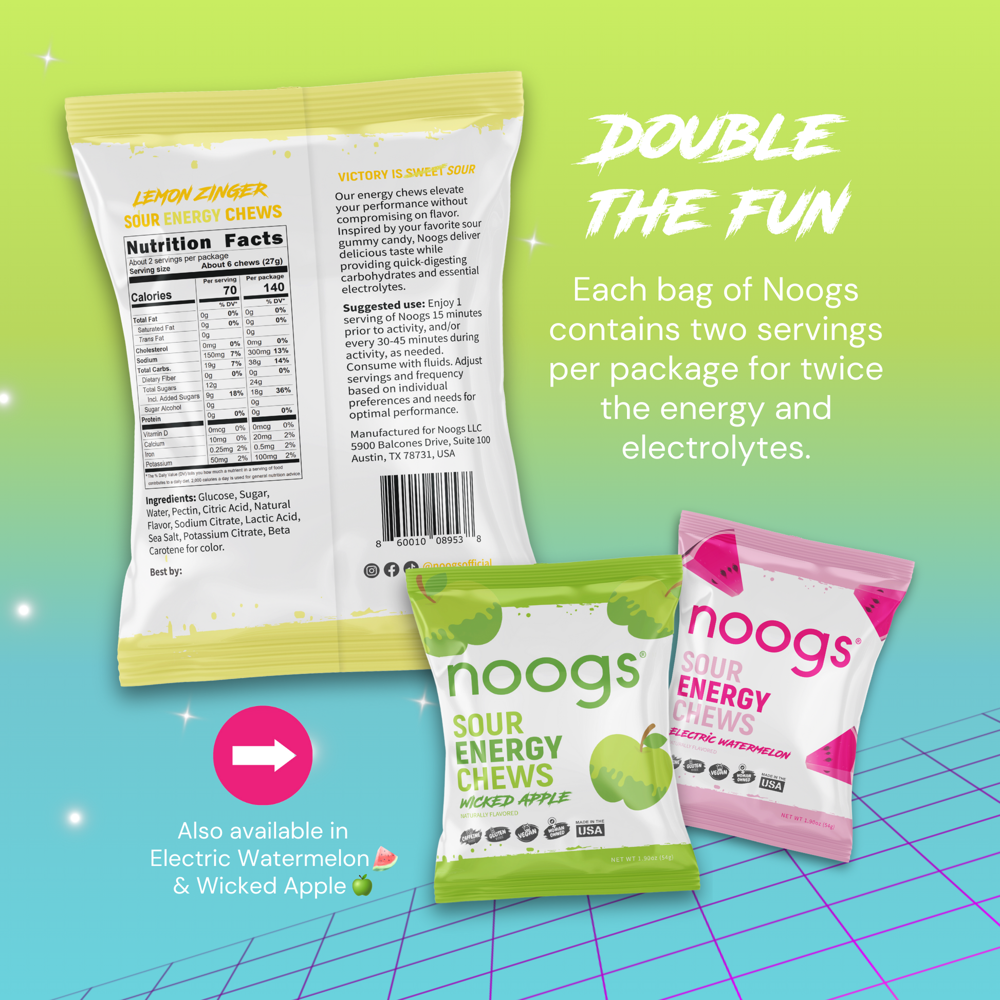 Back of Noogs Lemon Zinger Sour Energy Chews package with nutrition facts and product highlights, shown alongside Electric Watermelon and Wicked Apple flavors.