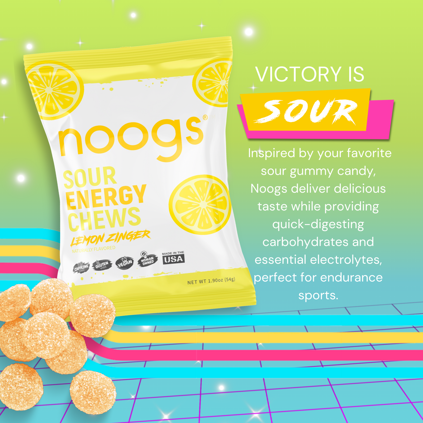 Noogs Sour Energy Chews in Lemon Zinger flavor with tagline "Victory is Sour" and product benefits for endurance sports.