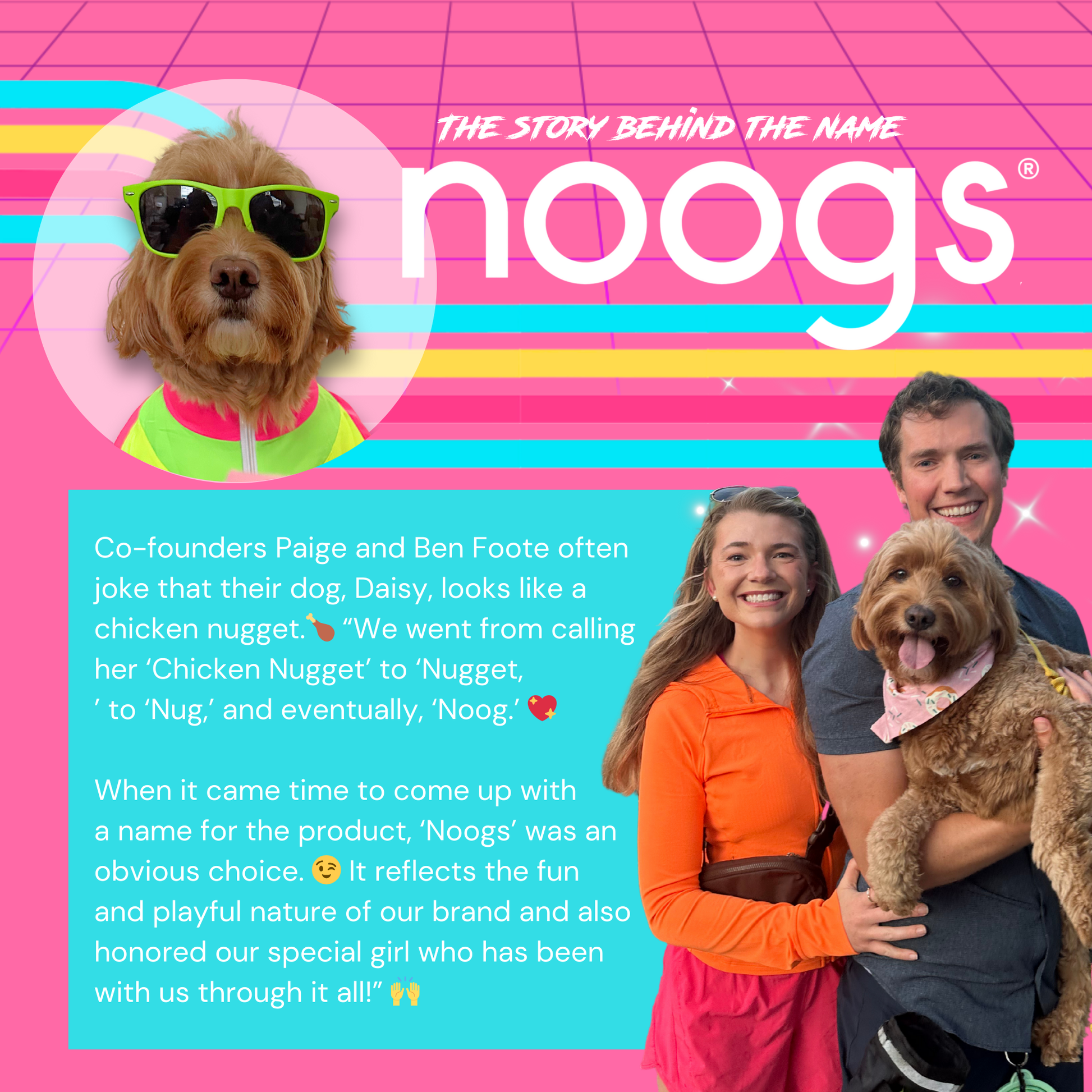 Founders Paige and Ben Foote with their dog Daisy, explaining how the name 'Noogs' was inspired by their pet nicknamed 'Noog.'