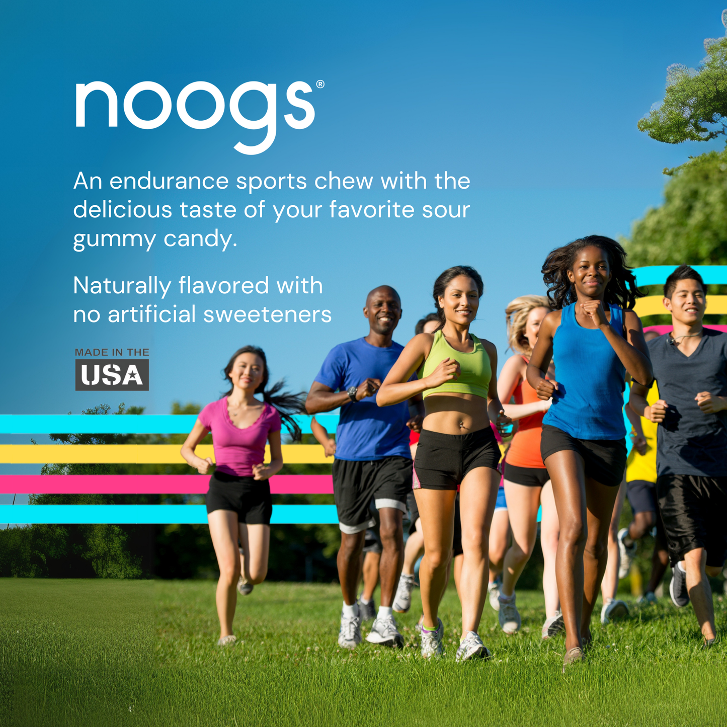 Group of runners outdoors with Noogs branding, highlighting natural flavor and no artificial sweeteners.