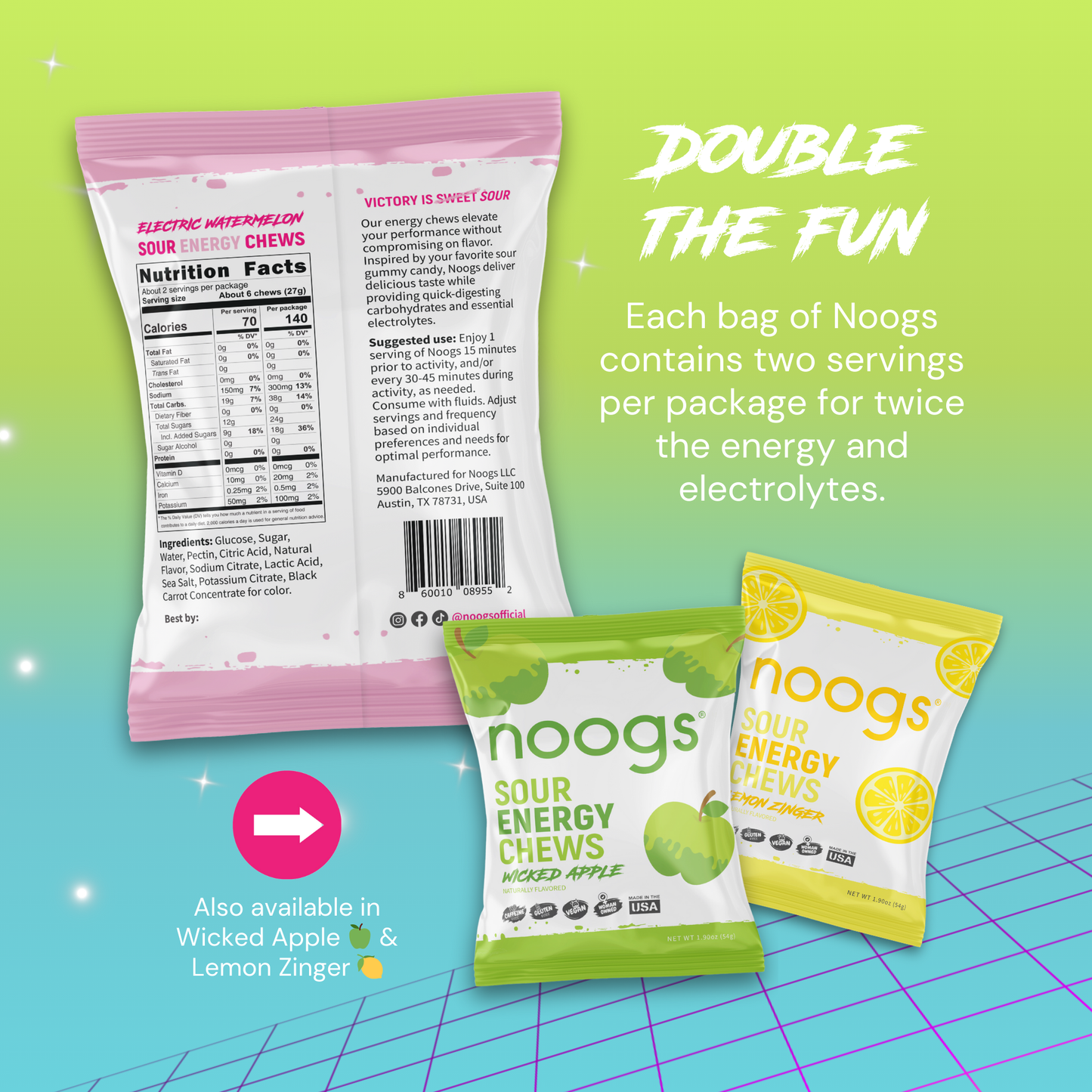 Back of Noogs Sour Energy Chews package with nutrition facts and product benefits, showcasing additional flavors Wicked Apple and Lemon Zinger.