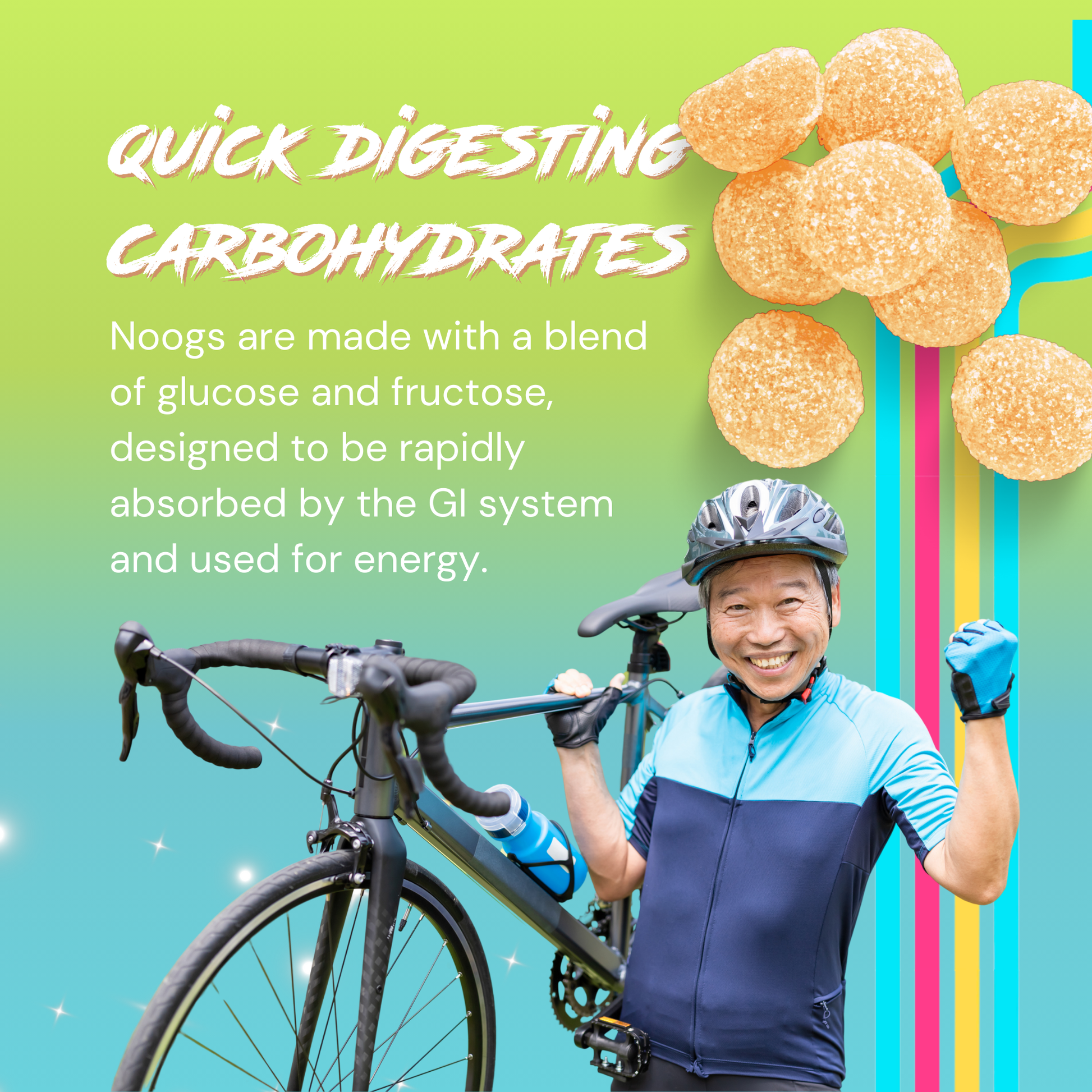 Cyclist celebrating with bike and Noogs chews shown, emphasizing fast-digesting glucose and fructose blend for energy.