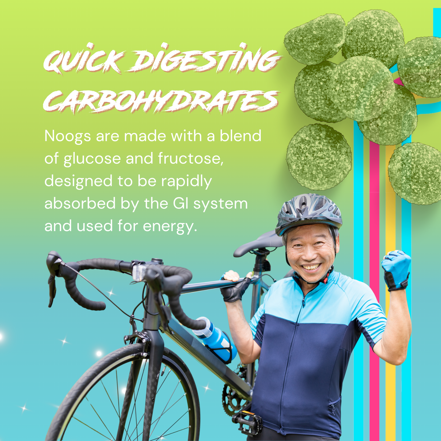 Cyclist celebrating with bike and Noogs chews shown, emphasizing fast-digesting glucose and fructose blend for energy.