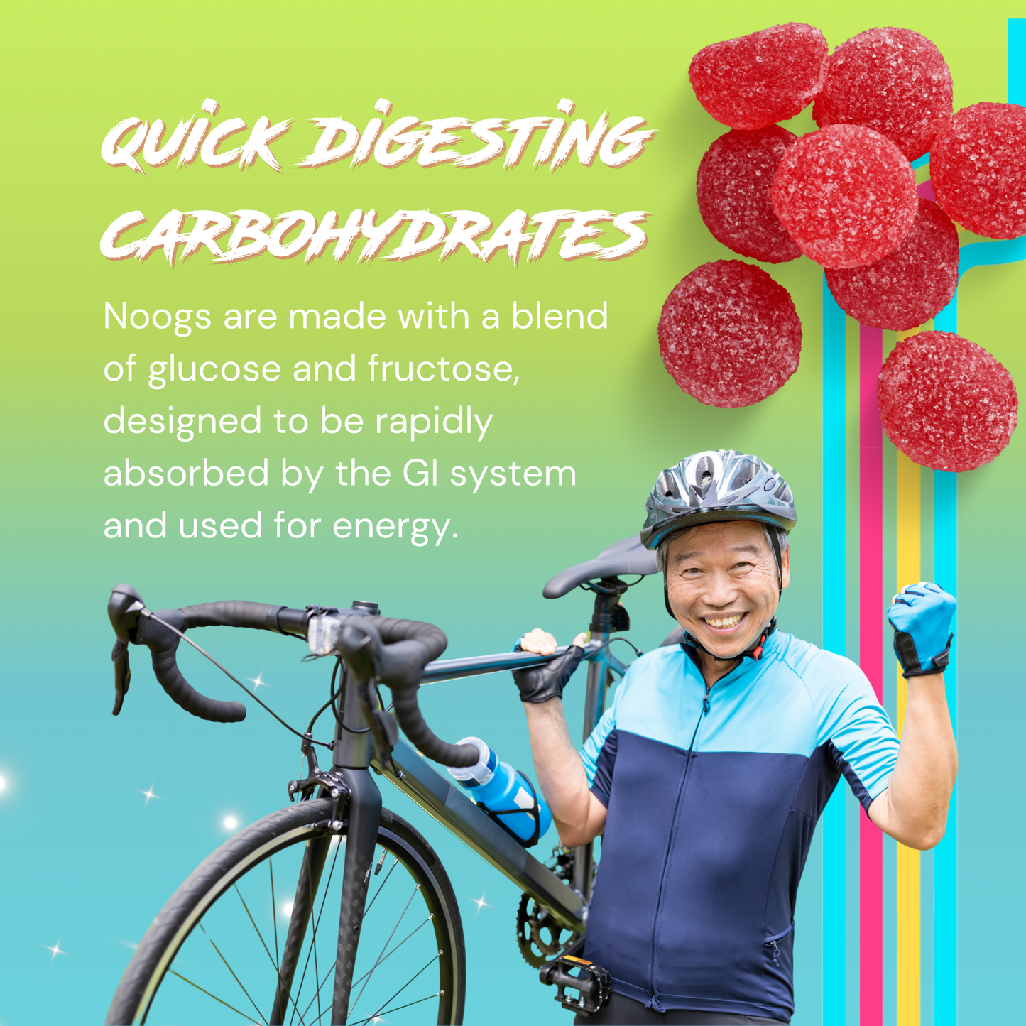 Cyclist celebrating with bike and Noogs chews shown, emphasizing fast-digesting glucose and fructose blend for energy.