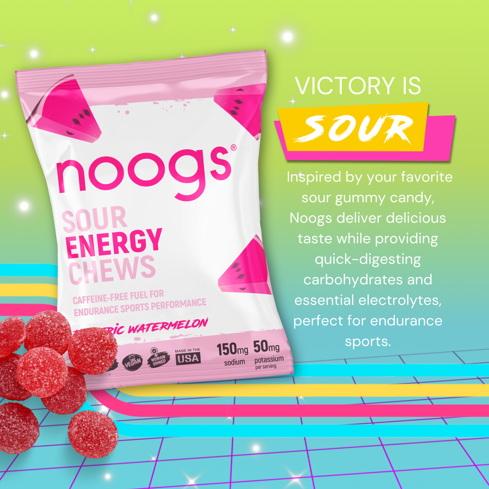 Noogs Sour Energy Chews in Electric Watermelon flavor with tagline "Victory is Sour" and product benefits for endurance sports