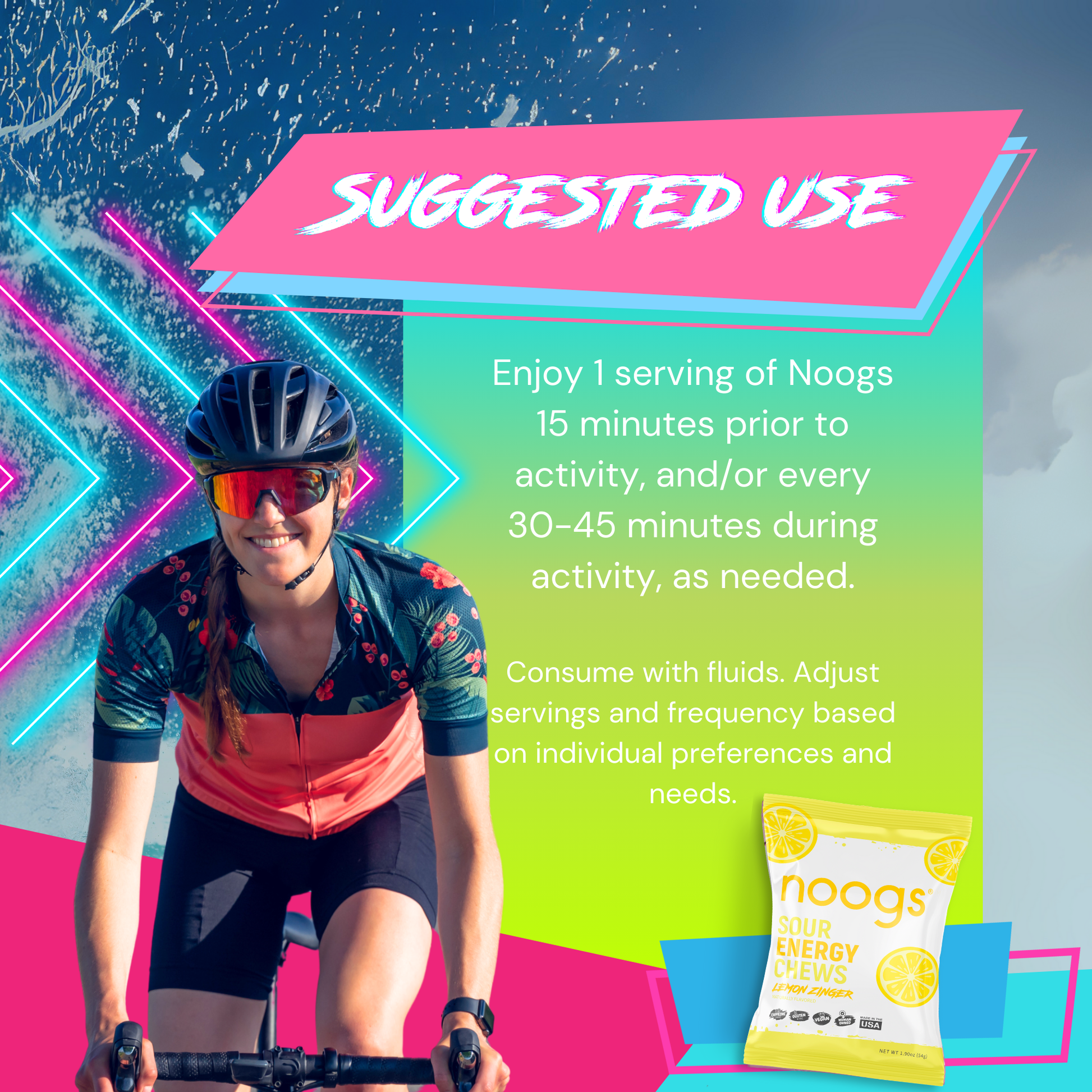 Cyclist with Noogs chews and usage instructions recommending 1 serving 15 minutes before activity and every 30-45 minutes during activity.