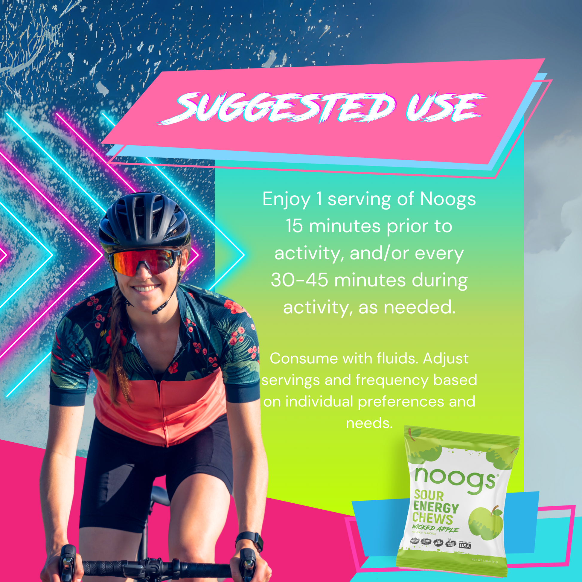 Cyclist with Noogs chews and usage instructions recommending 1 serving 15 minutes before activity and every 30-45 minutes during activity.