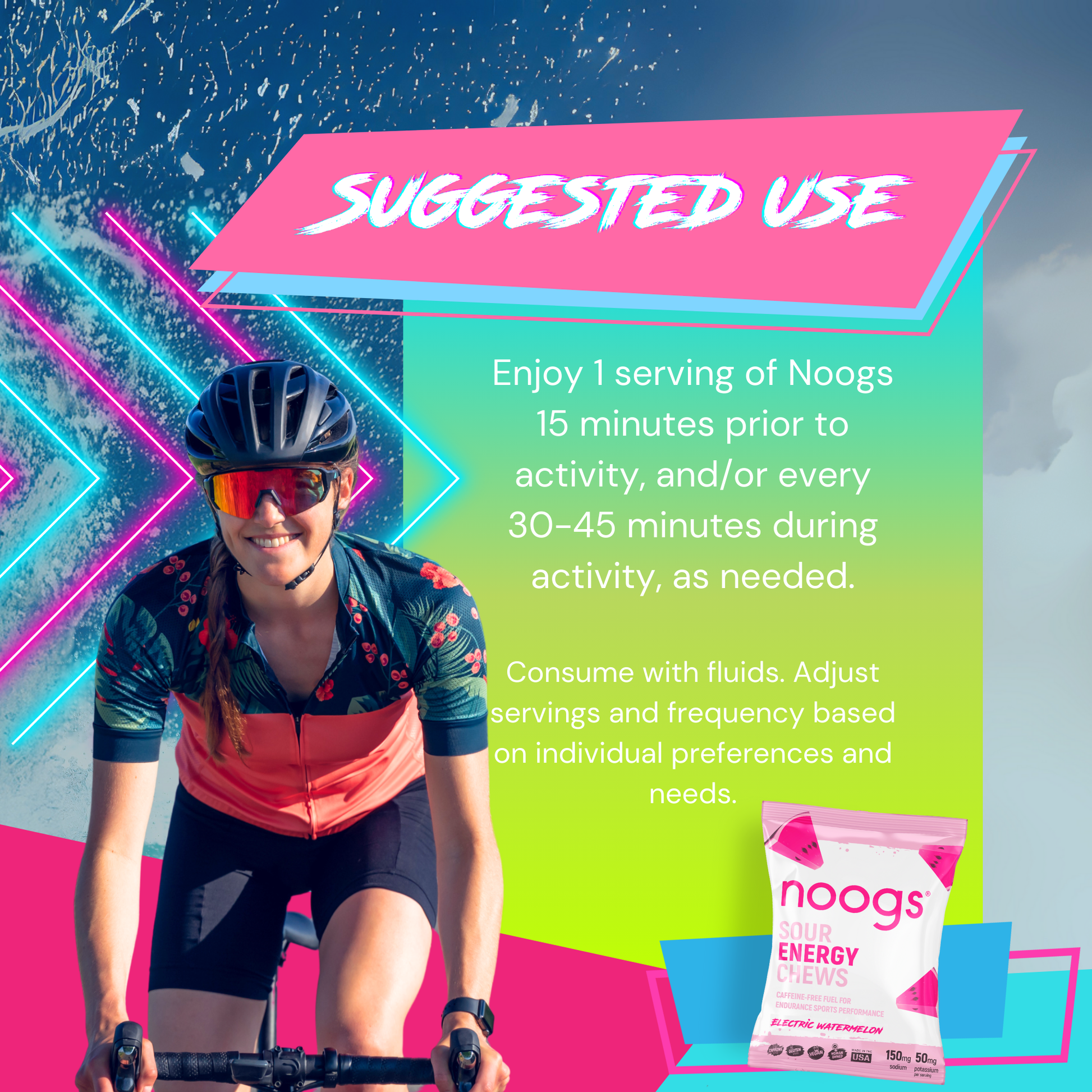 Cyclist with Noogs chews and usage instructions recommending 1 serving 15 minutes before activity and every 30-45 minutes during activity.