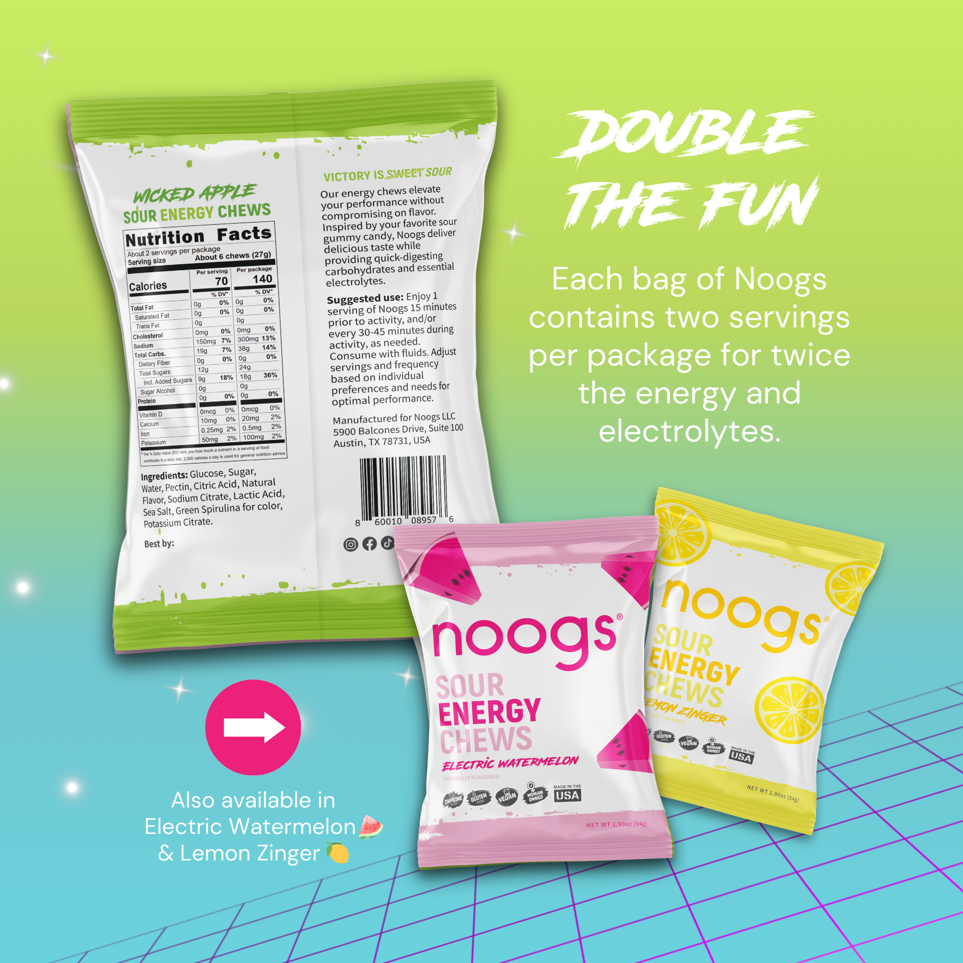 Back of Noogs Wicked Apple Sour Energy Chews package with nutrition facts and highlights, shown alongside Electric Watermelon and Lemon Zinger flavors.
