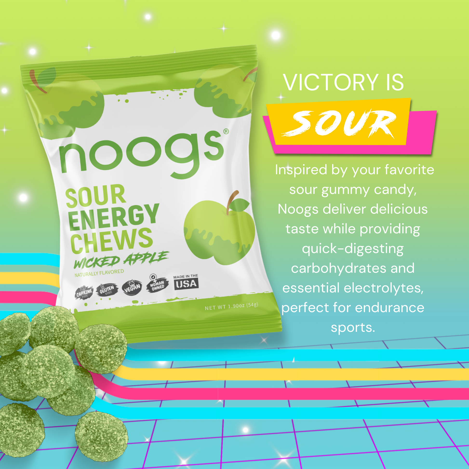 Noogs Sour Energy Chews in Wicked Apple flavor with tagline "Victory is Sour" and product benefits for endurance sports.